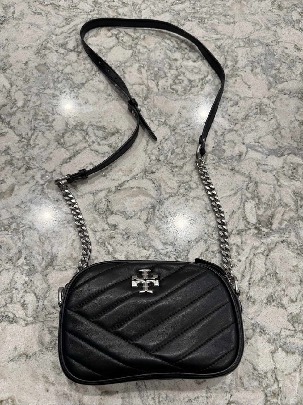 Tory Burch Black Chevron Quilted Crossbody with Silver Logo